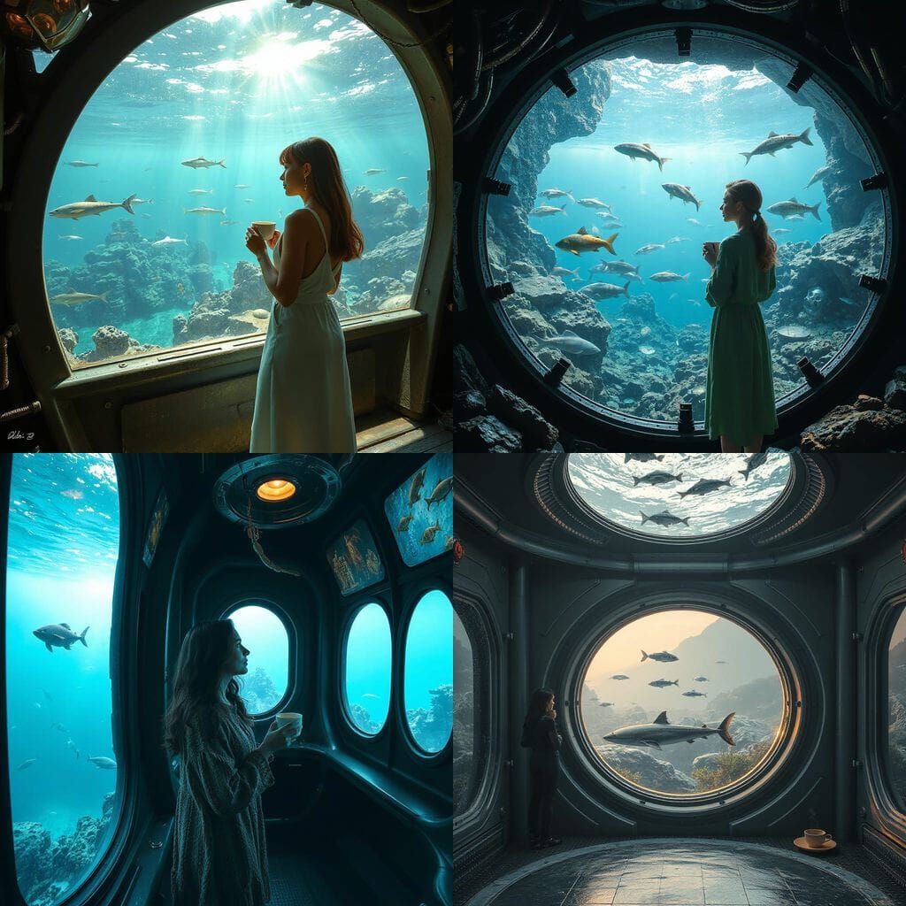 Subsea Habitat: Woman with Tea, Panoramic Ocean View
