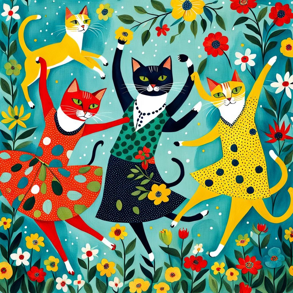 Dancing Cats in Dadaism Style with Bold Colors