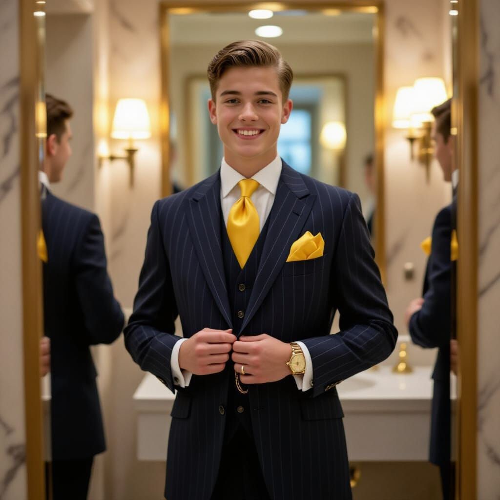 Young Man Adjusts Pocket Square in Classic Suit