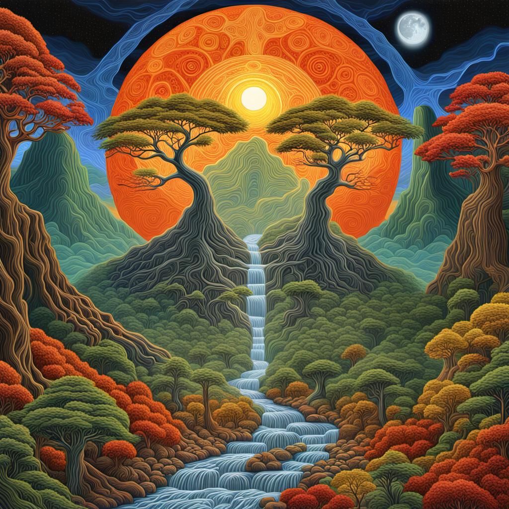 Surreal Valley of the Ancients in Psychedelic Style