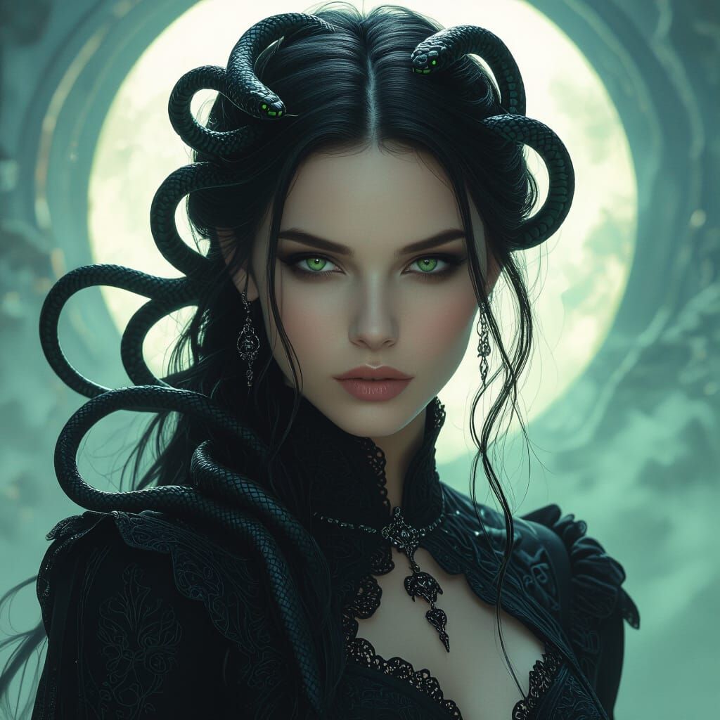 Eerie Dark Sorceress Portrait with Vipers