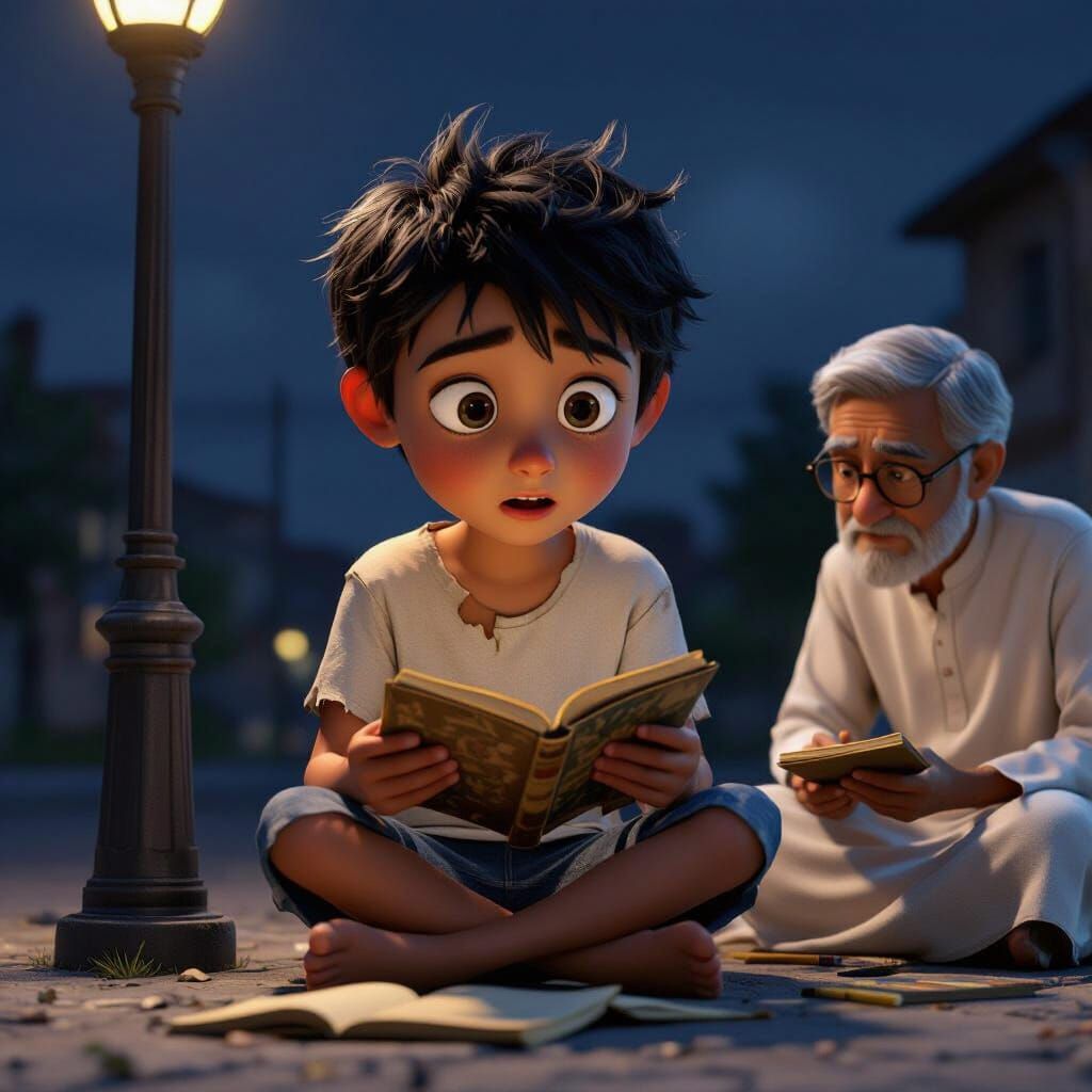 Boy Reading Under Streetlight, Greeted by Teacher