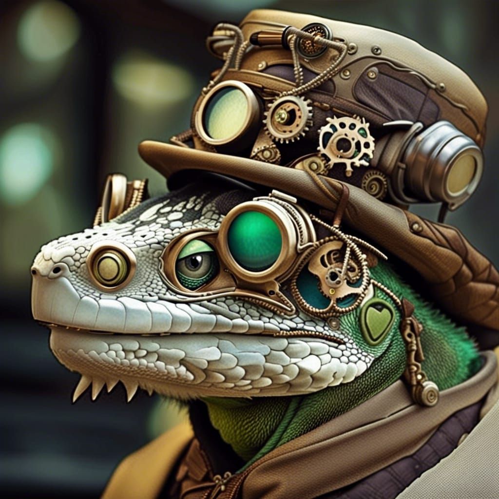 Iguana in Steampunk Eyeglasses and Engine