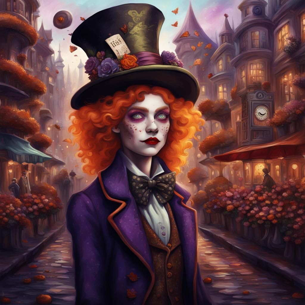 Whimsical Mad Hatter Girl in Wonderland City