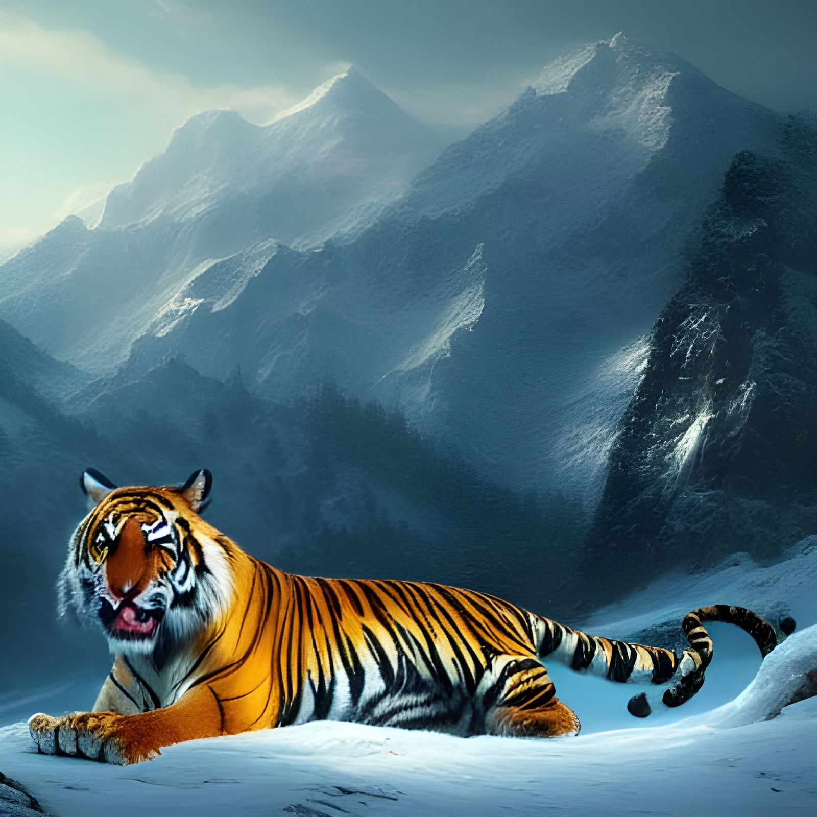 Tiger in Snowy Mountain Landscape