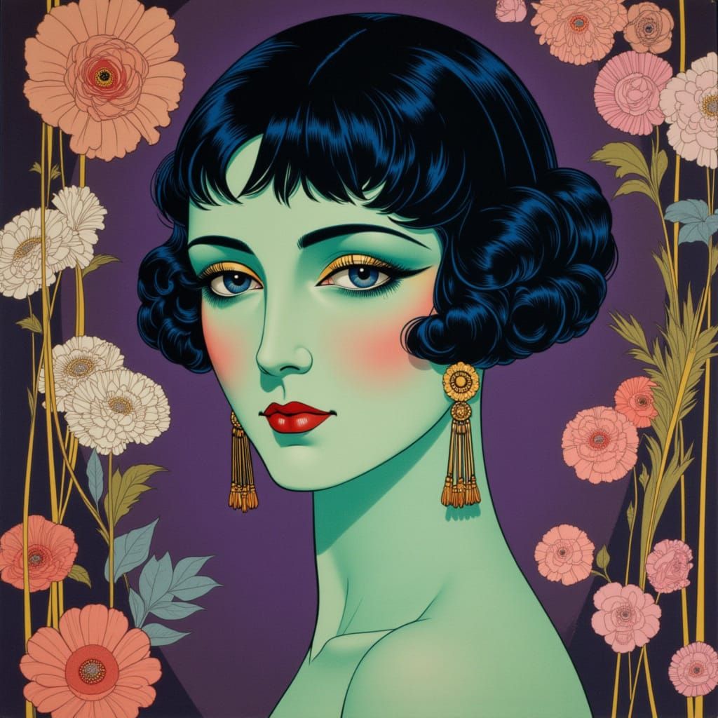 Art Deco Portrait of Woman with Mint Green Skin and Blue Hai...