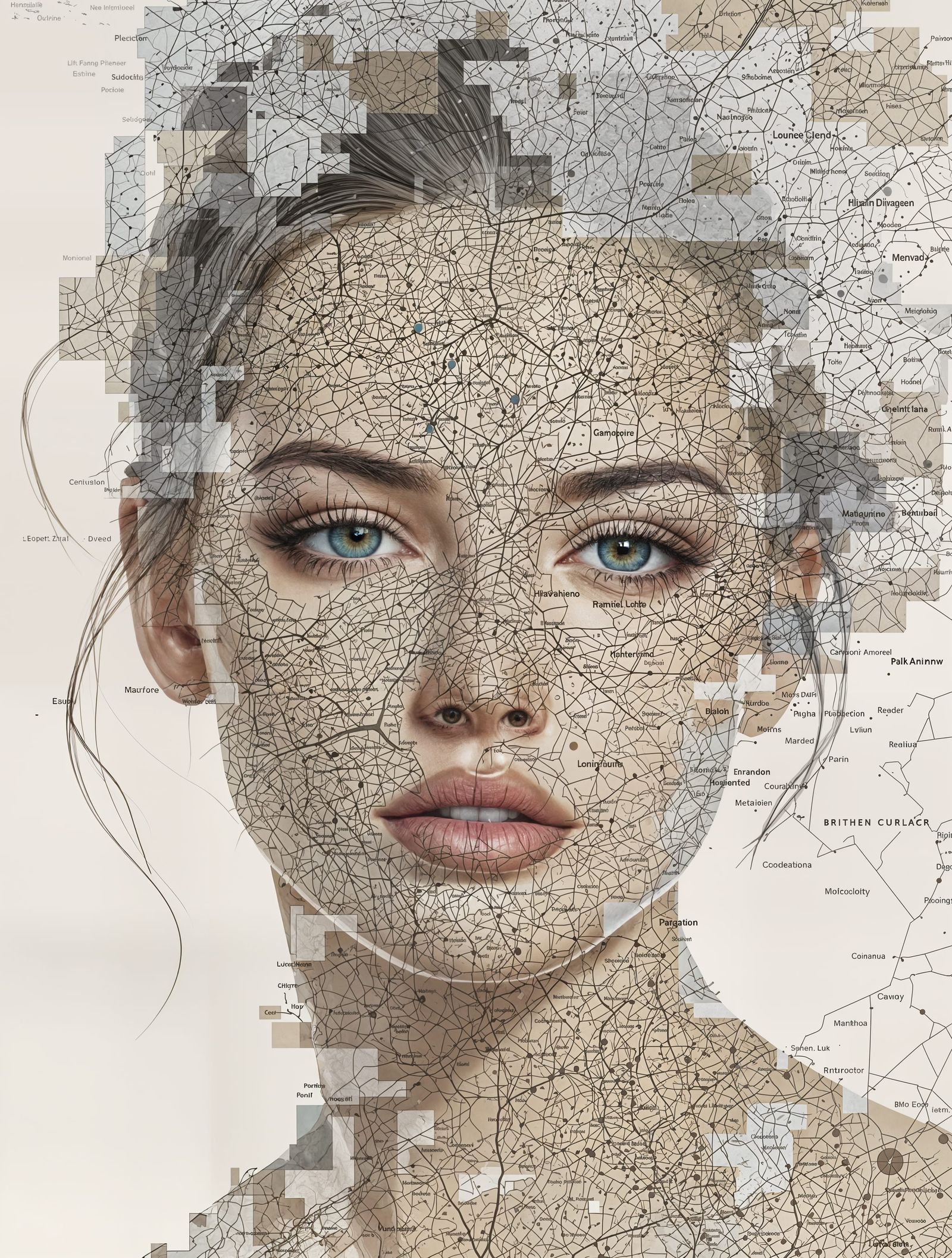Hyperrealistic Portrait with Dreamlike Map Overlay