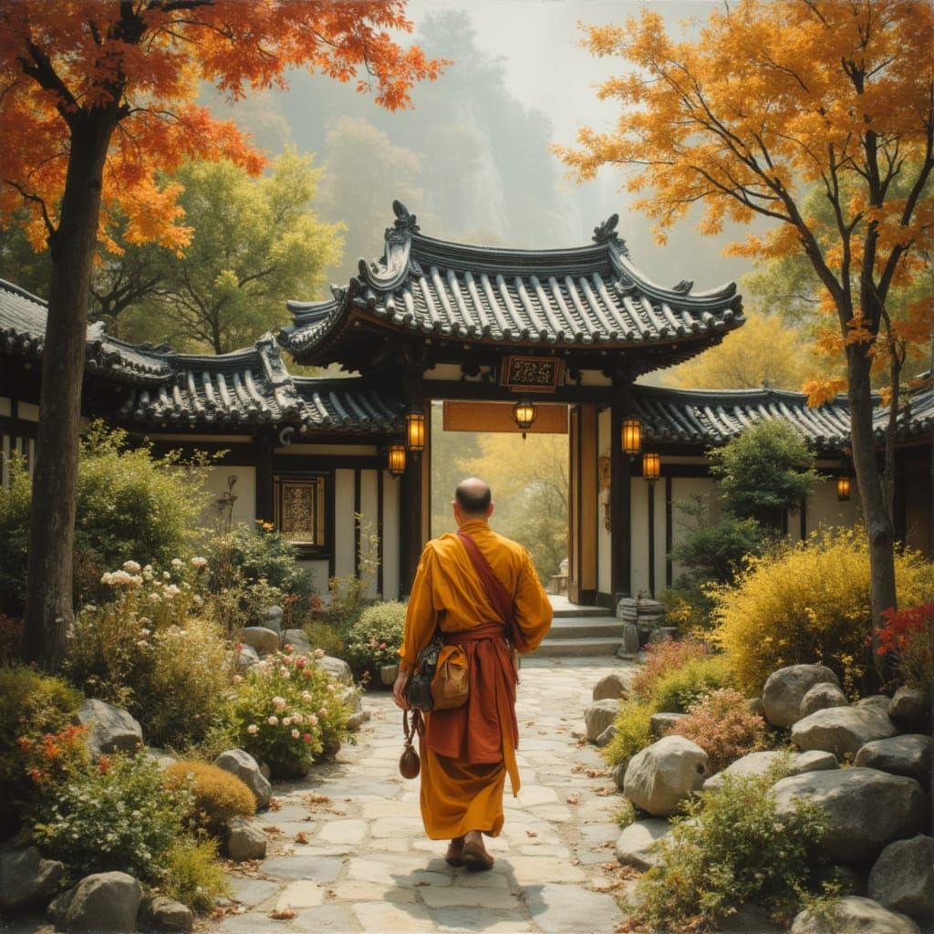 Monk Walks Through Zen Garden in Spring Lantern Light