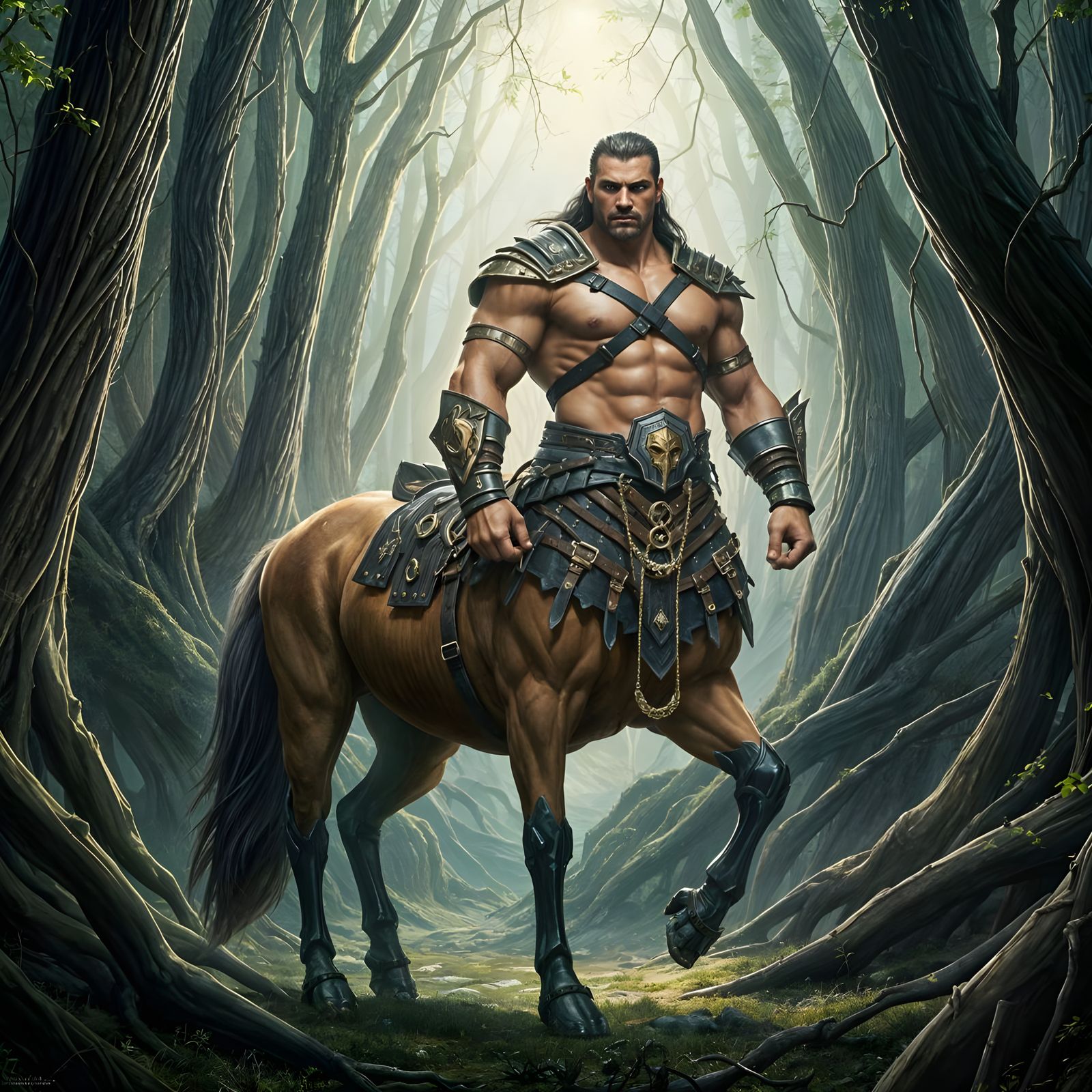 Mythical Centaur Gladiator in Forest Clearing