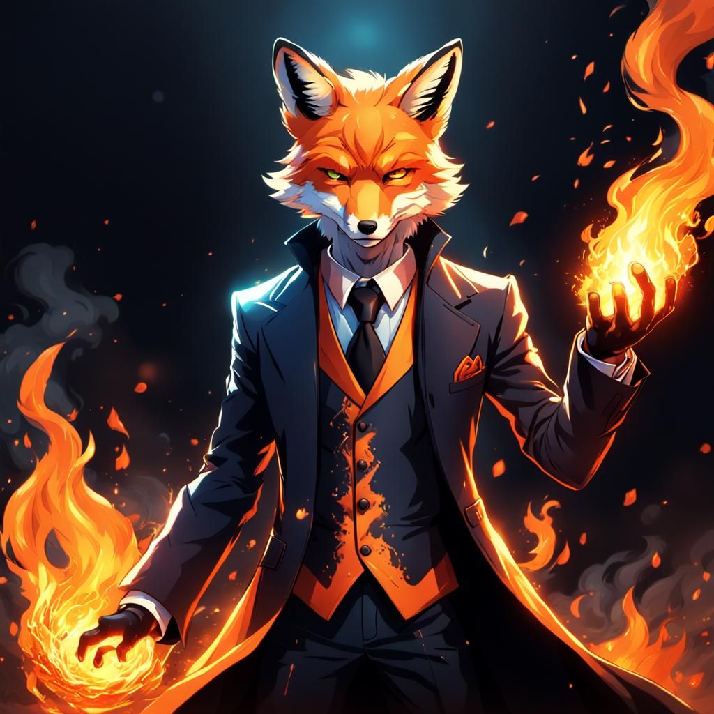 Fox Sorcerer Casts Fire Magic in Anime Style