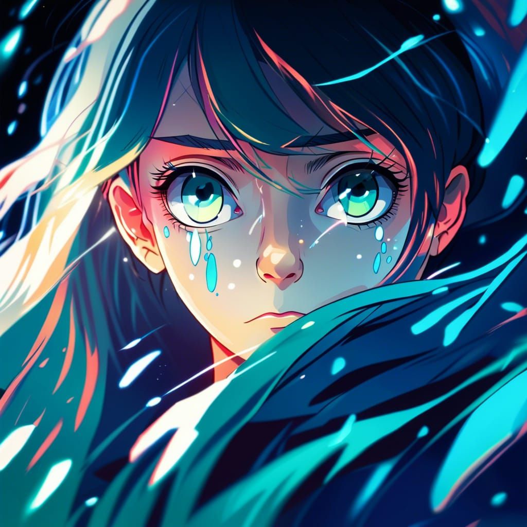 Anime Woman Crying Tears of Light, Cel-Shaded Style