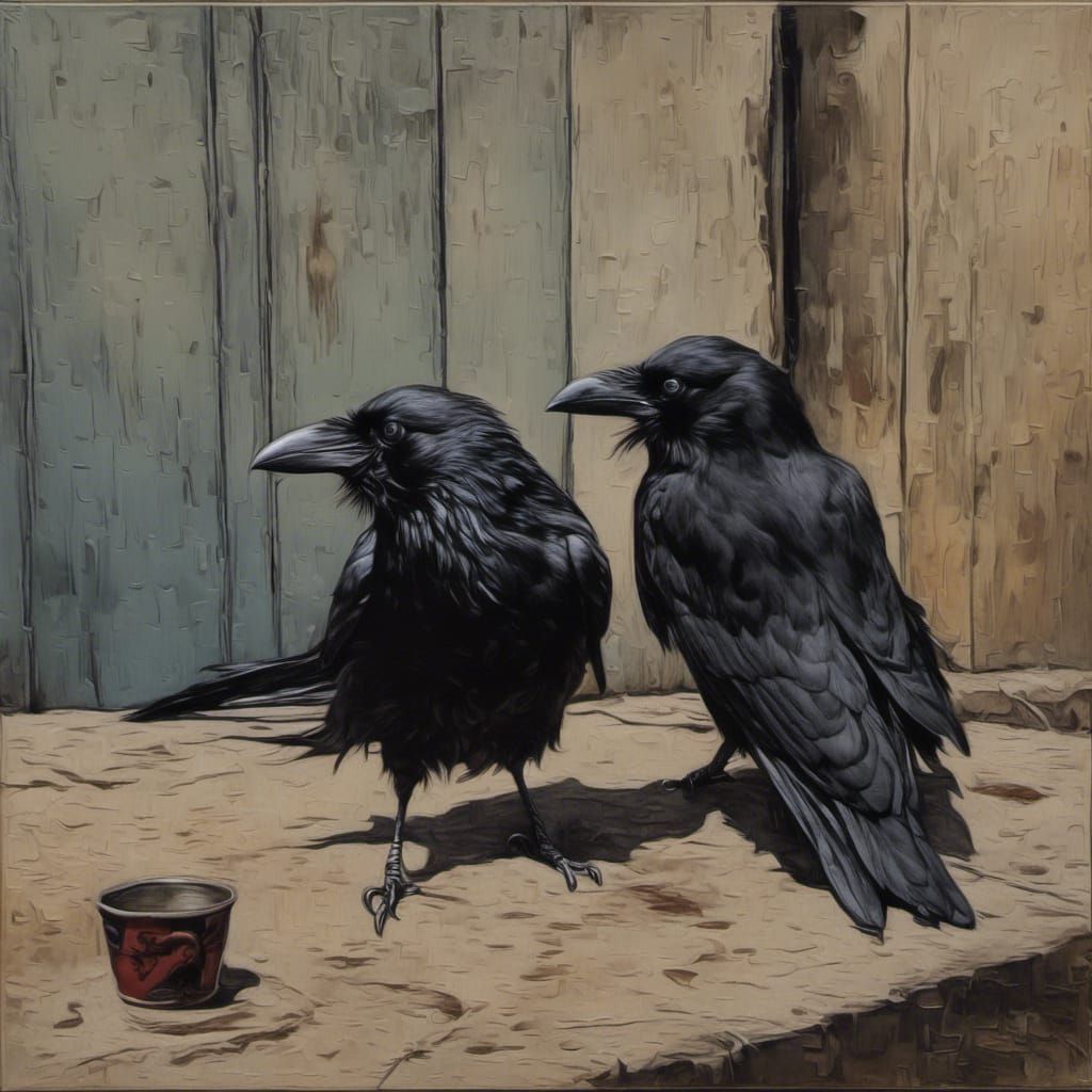 Crow and Cat Together in Dark Street Scene