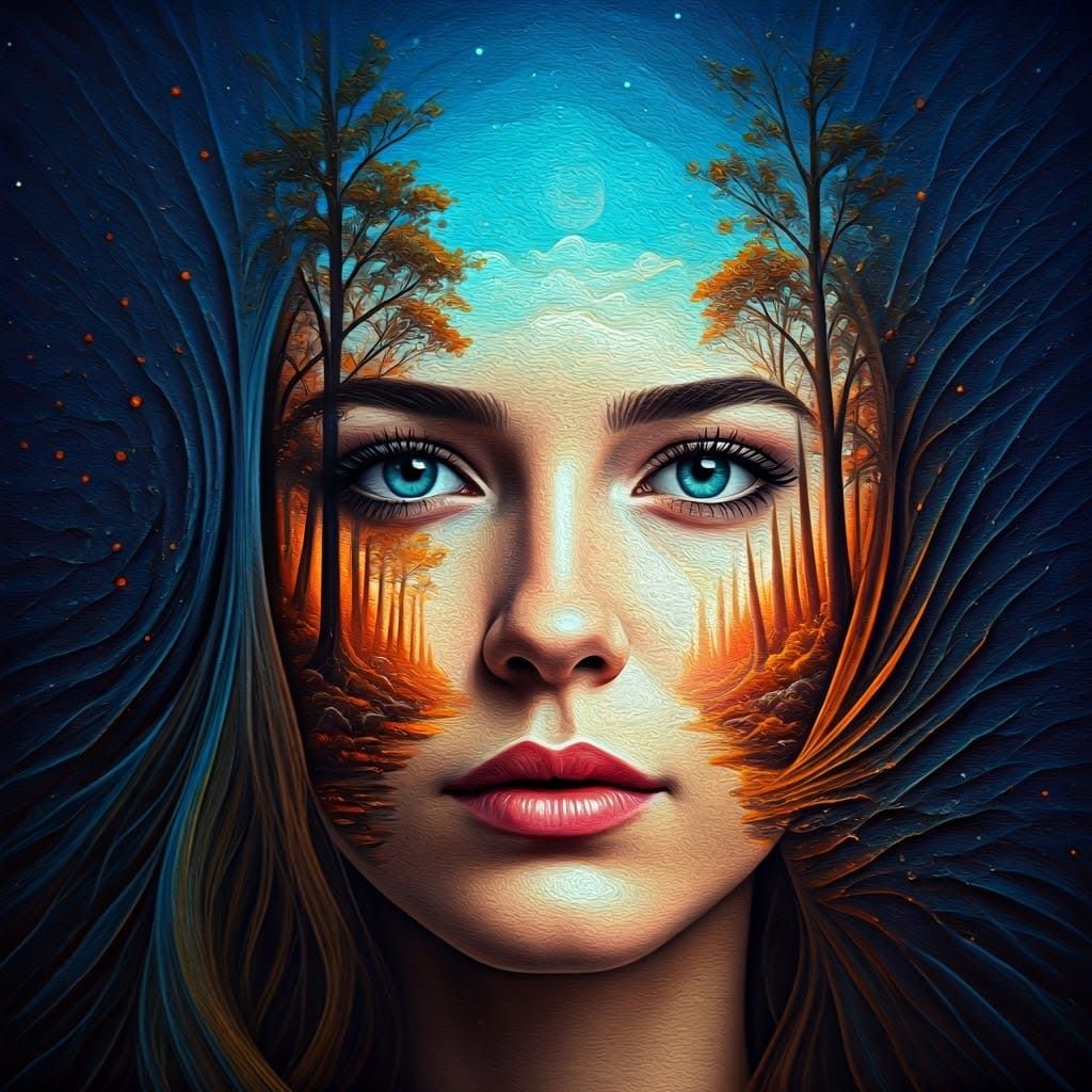 Dreamlike Double Exposure Art in Impasto Style