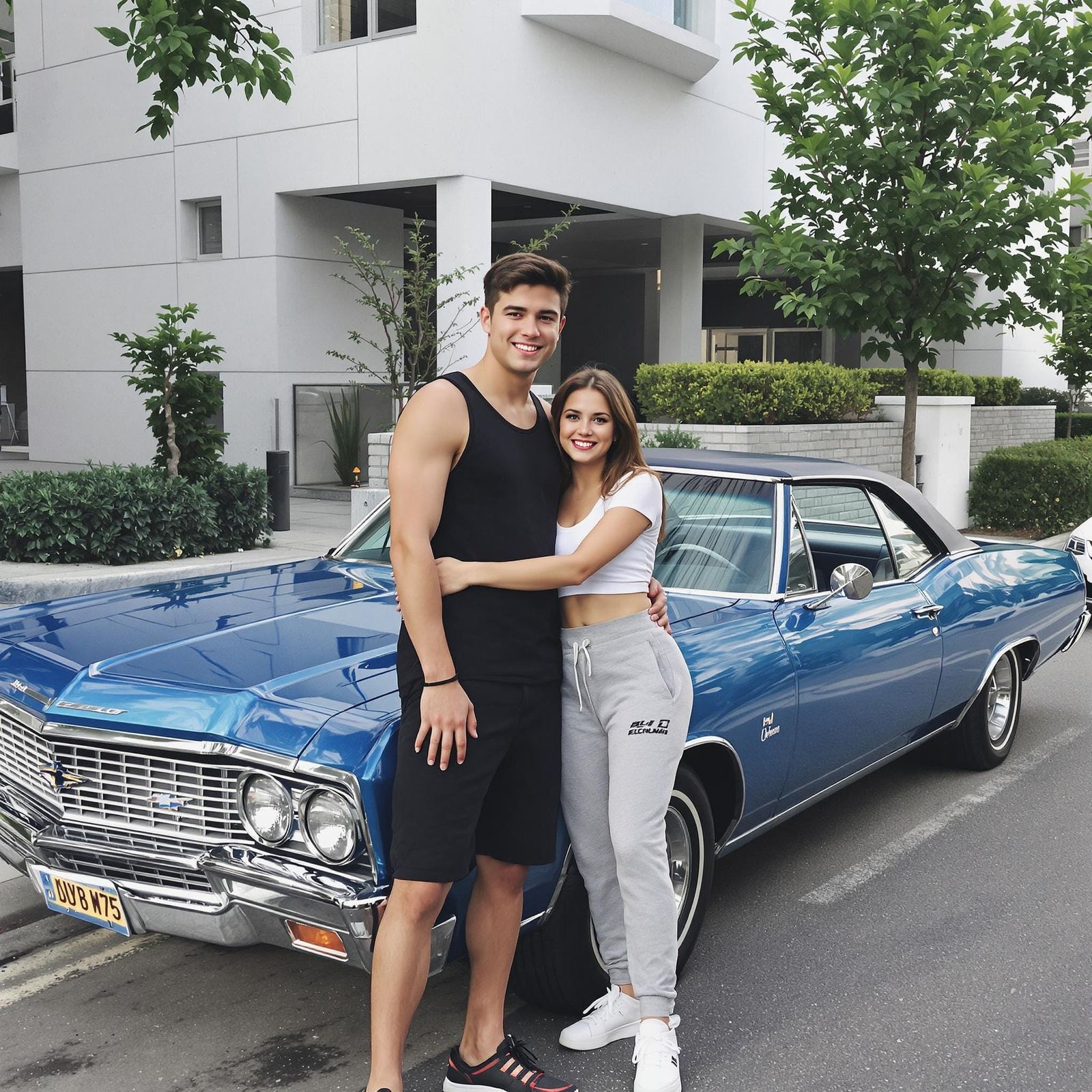 Young Couple Embracing Beside Classic Blue Chevy El Camino