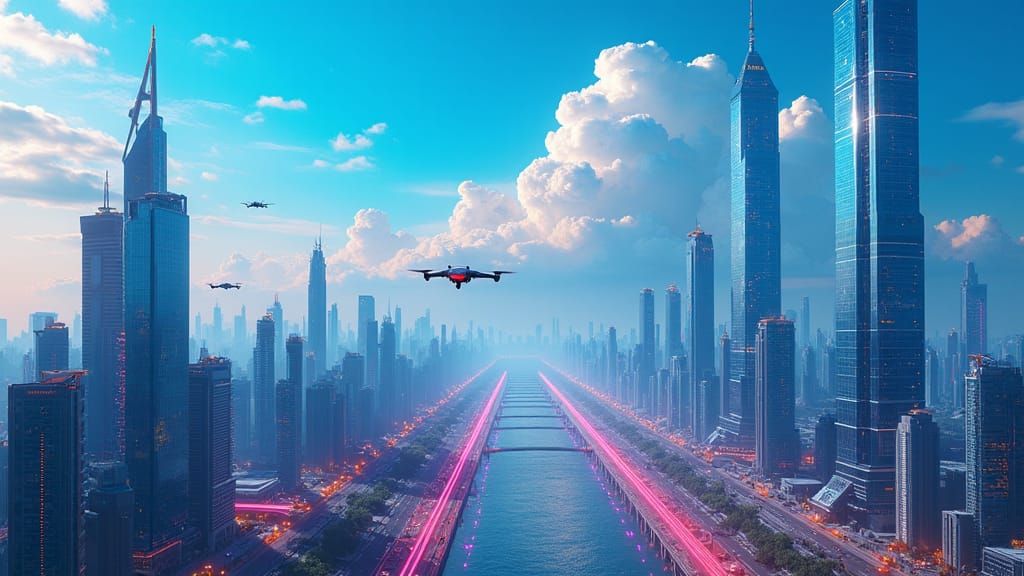 Futuristic Cityscape with Neon Lights in Matte Painting Styl...