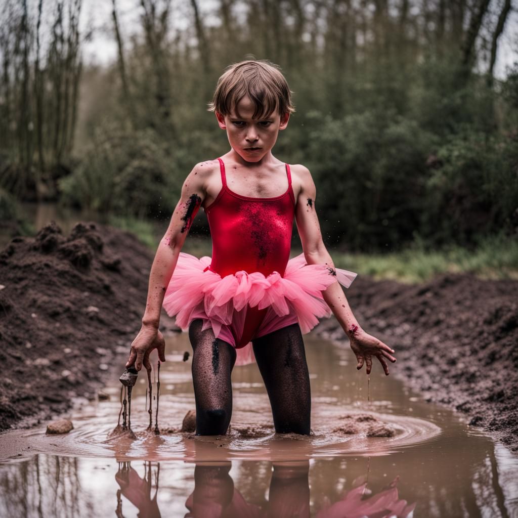 Boy in Red Leotard Kneeling in Mud