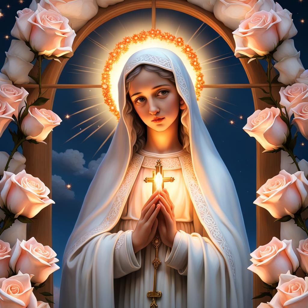 Our Lady of Fatima in Dusk Sky: Photorealistic Art