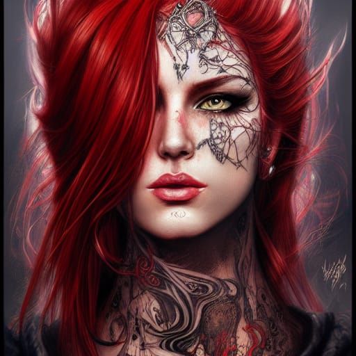 Tattooed Redhead Sorceress Portrait in Digital Art Style