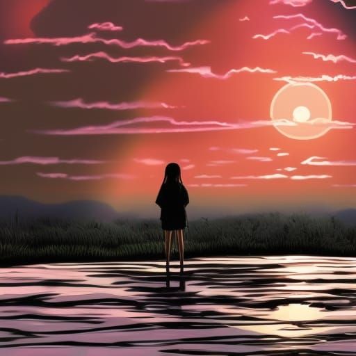Pink Sunset in Anime Style
