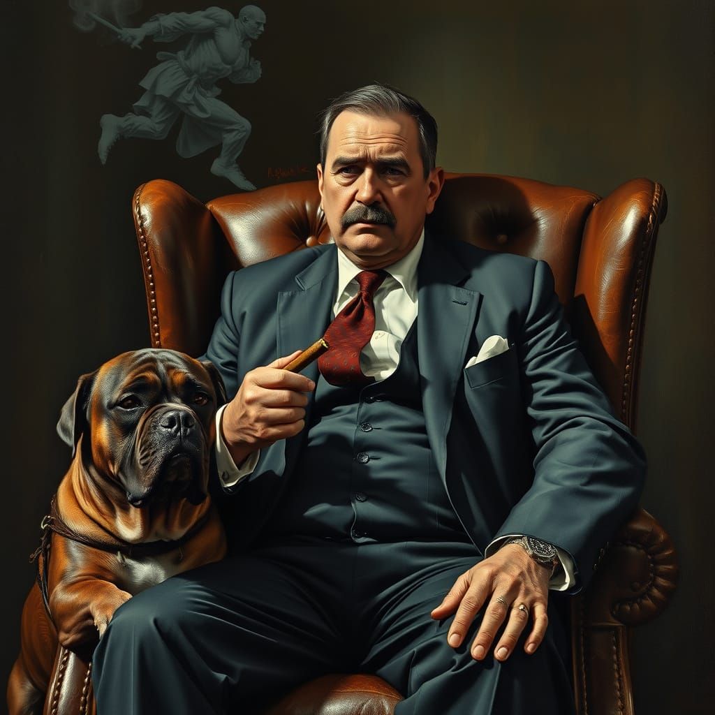 Mafia Boss with Bull Mastiff in Realistic Style