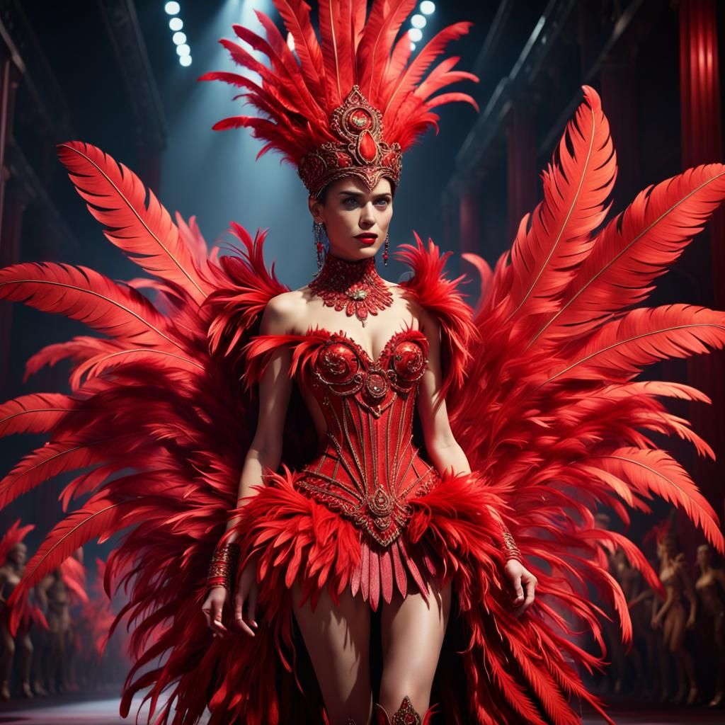 Red Feather Avant-Garde Fashion Outfit