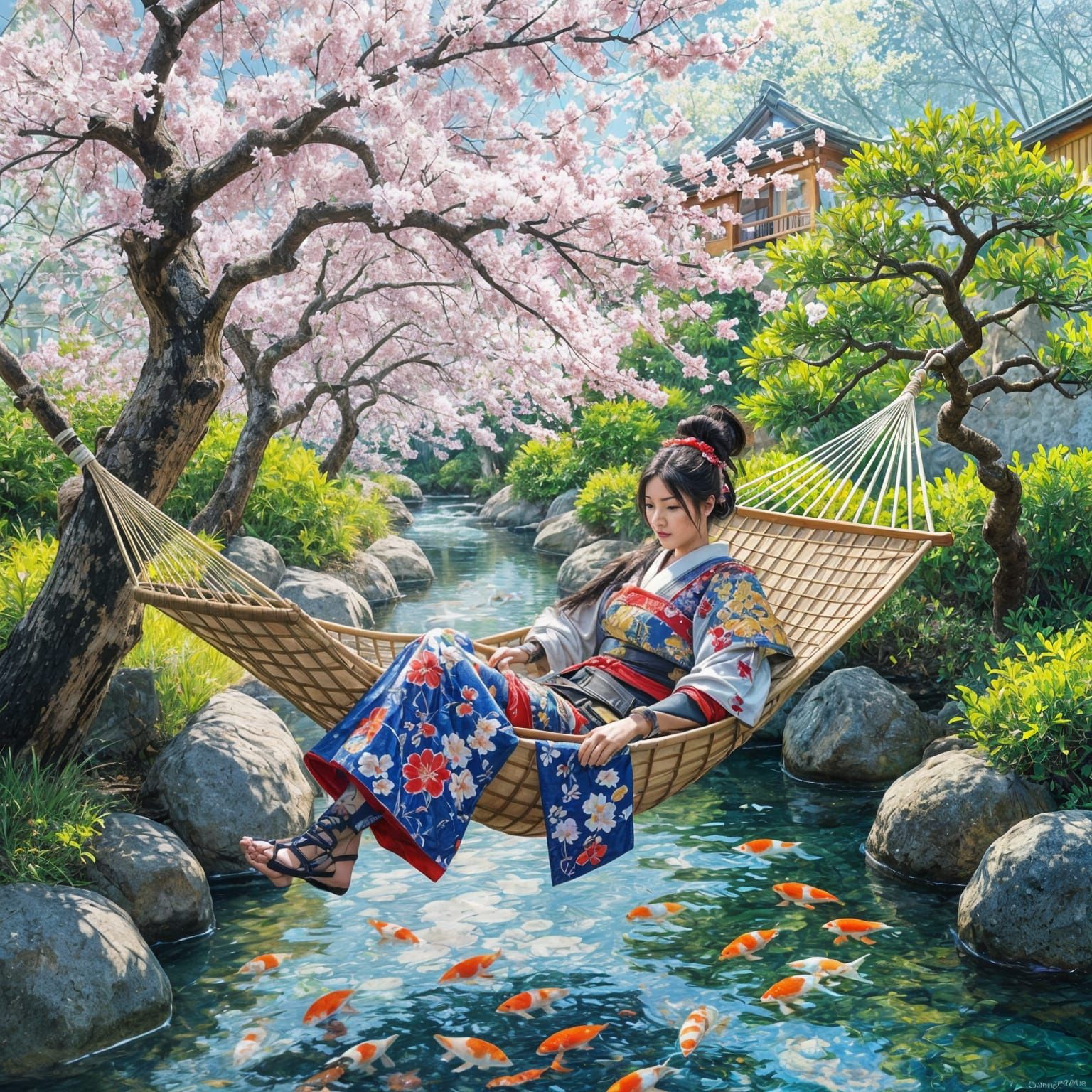 Samurai Woman Relaxing in Japanese Garden