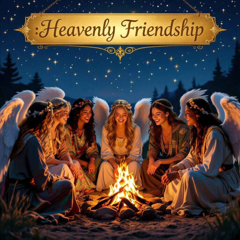 Angels Gathered Around Campfire in Renaissance Art Style