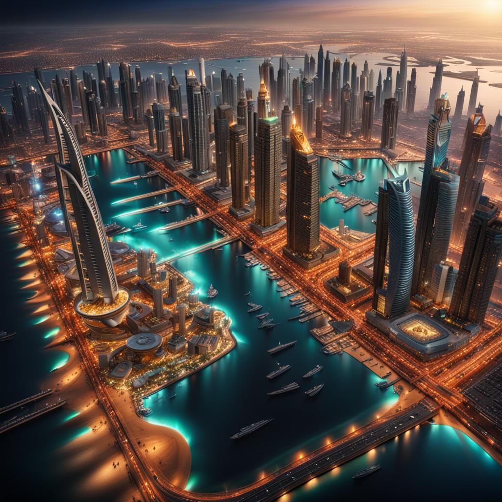 Cinematic Dubai Bird's Eye View in Hyperrealism