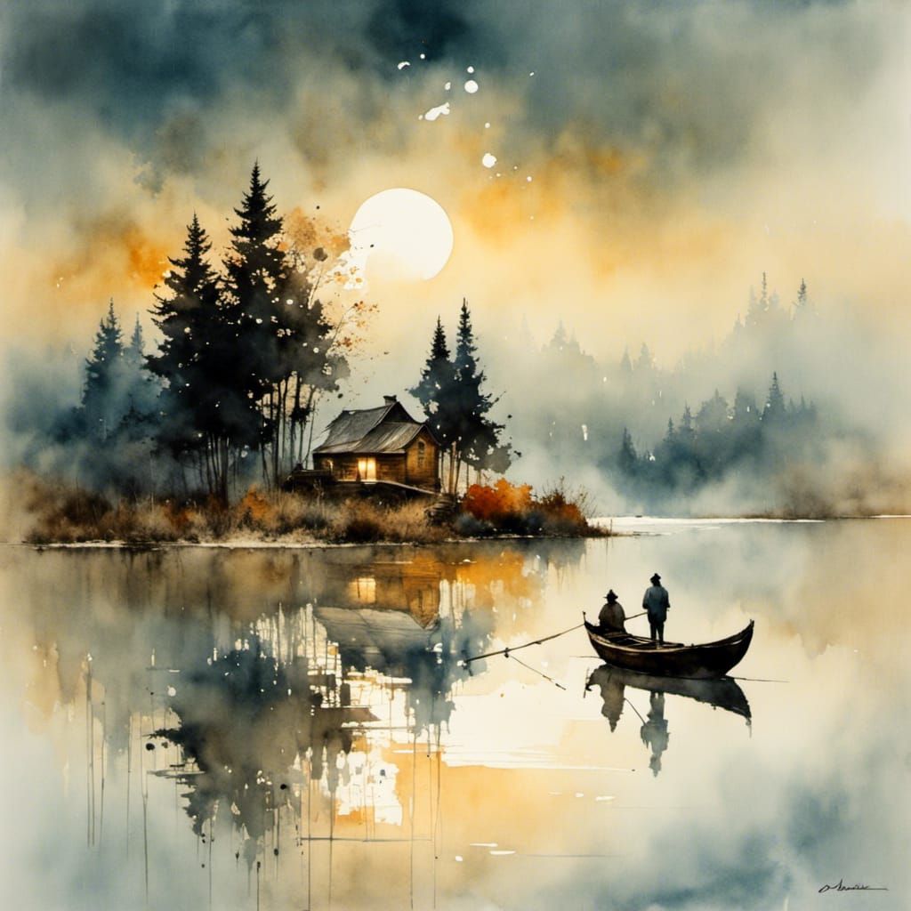 Misty Lake Village in Watercolor Style
