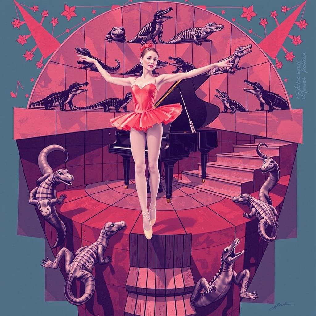 Ballerina Dances on Piano in Dreamlike Drawing