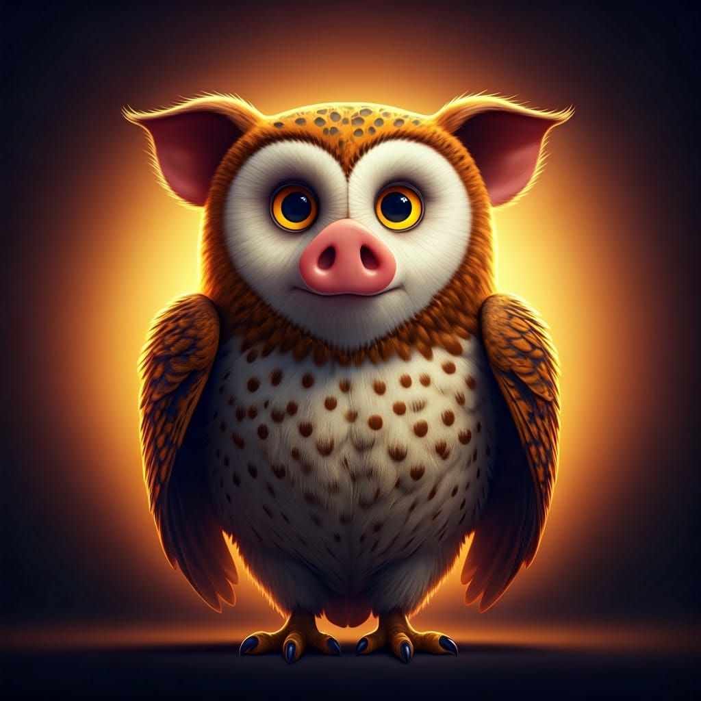 Fantastical Pig Owl Hybrid in Vibrant Cyberpunk Style