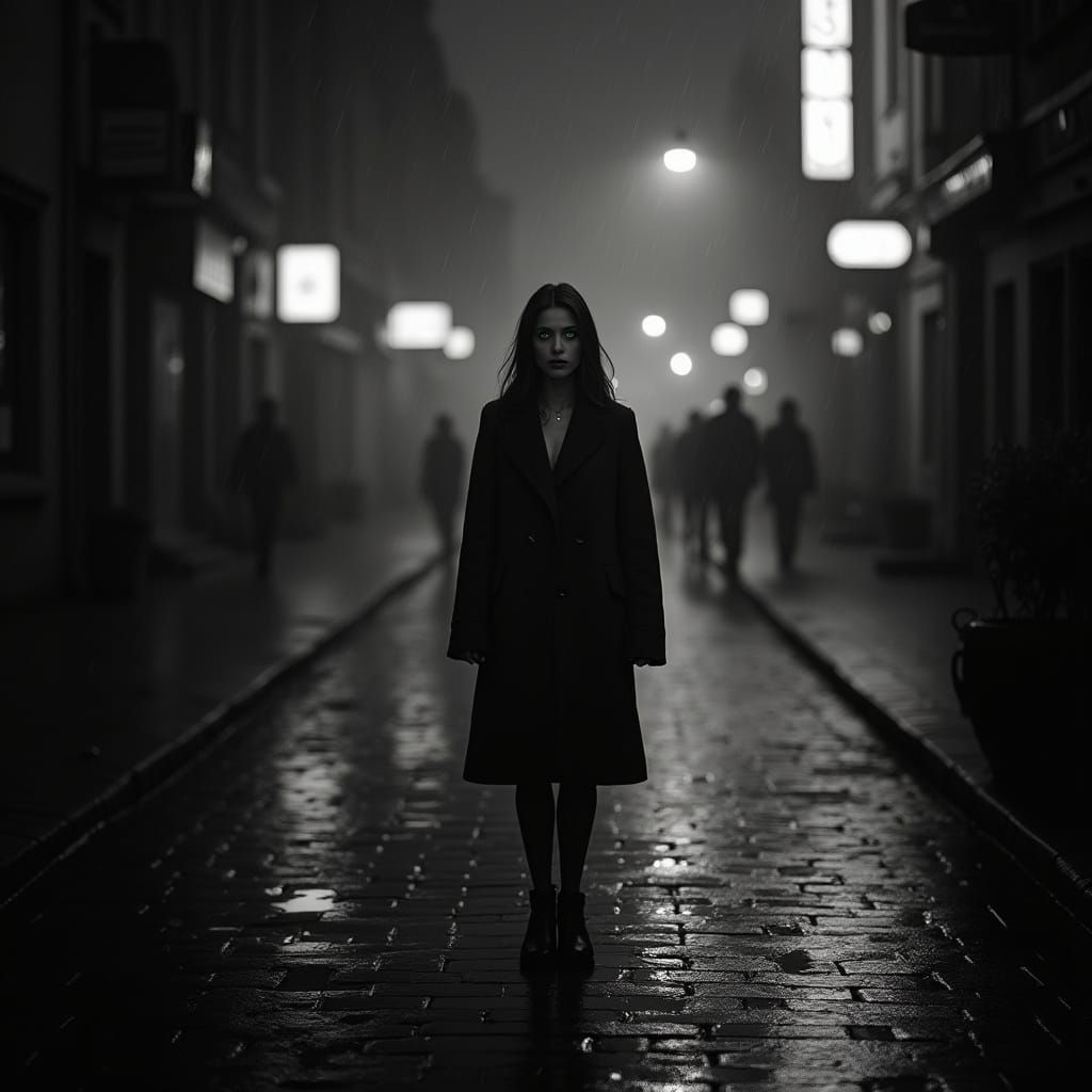 Woman on Rainy Street in Dramatic Black and White