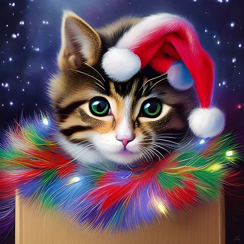 Cute Christmas Kitty in a Box: Psychedelic Pop Art
