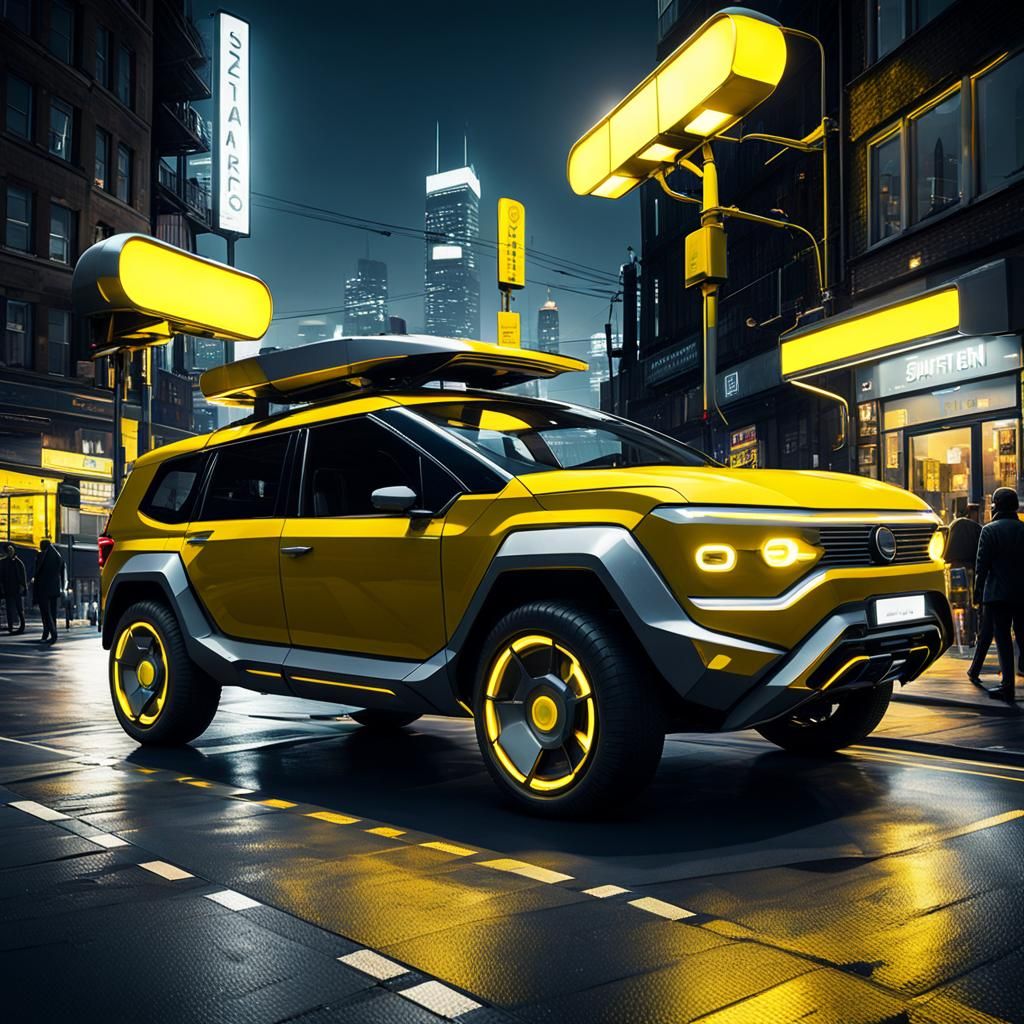 Solarpunk Vehicle at Night in Mustard Yellow and Grey