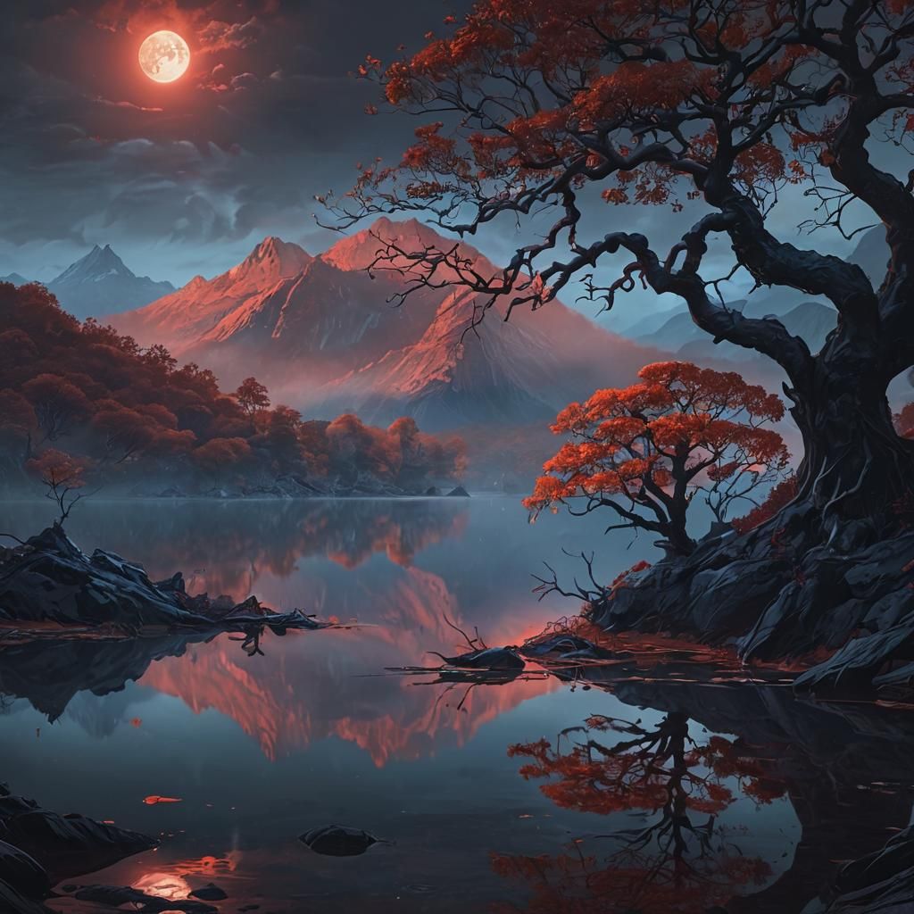 Eerie Dark Fantasy Landscape with Blood Red Sky