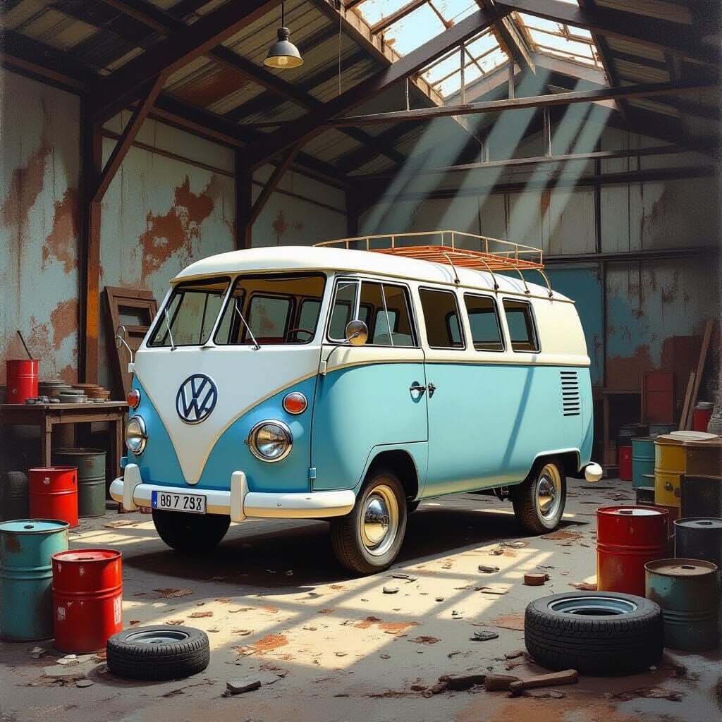 2025 Fiat Panda in Dusty Workshop, Oil Painting Style