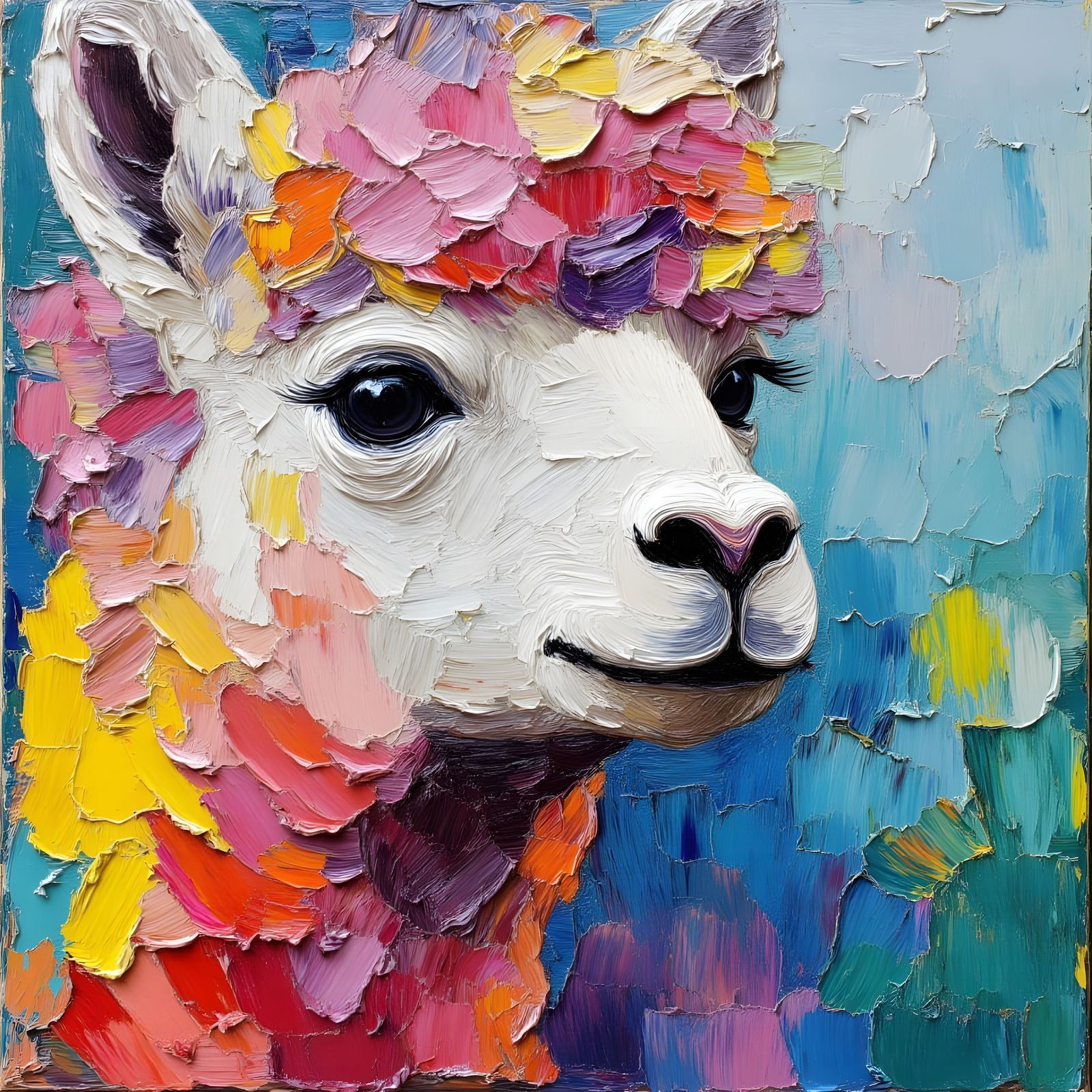 Colorful Llama Portrait in Impasto Painting Style