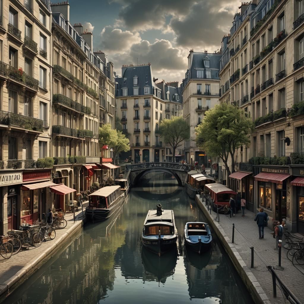Historical Canal Saint-Martin Street View, Paris