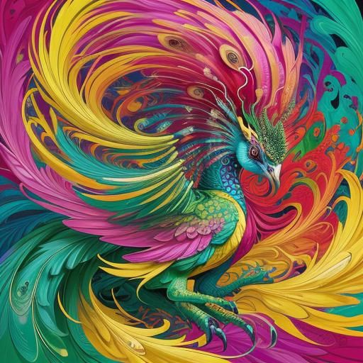 Abstract Dragon Peacock Woman Portrait in Fauvist Style