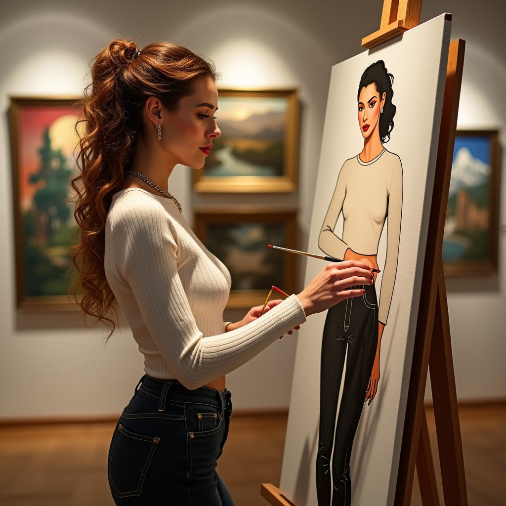 Art Deco Woman Painting Self-Portrait in Gallery