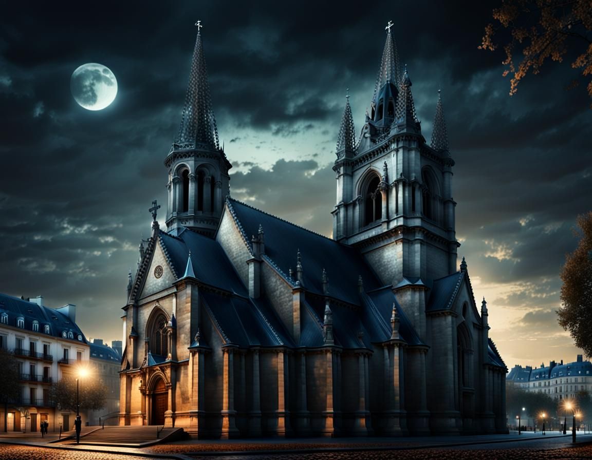 Dramatic Stone Church in Paris at Night