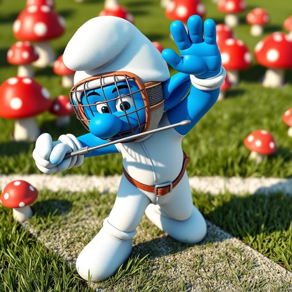 Fencer Smurf in Perfect Fencing Stance