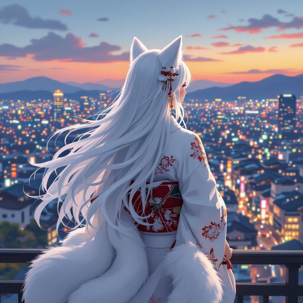 Fox Girl Overlooking Cityscape in Anime Style