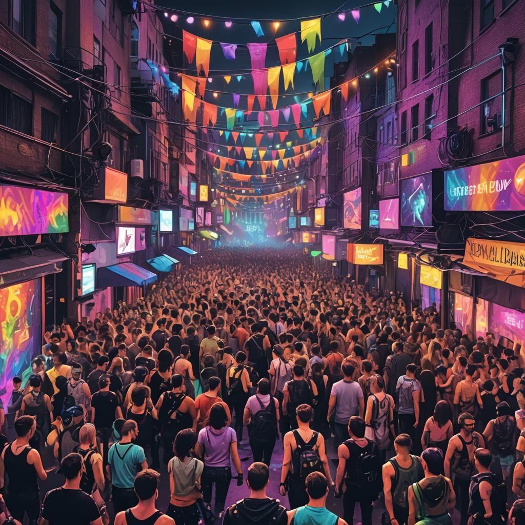 Cyberpunk Gay Pride Party with Rainbow Banners