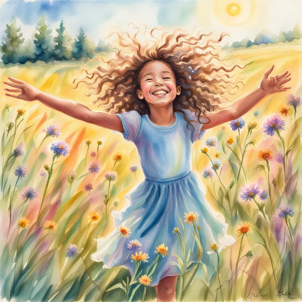 Girl Dancing in Meadow: Whimsical Pastel Sketch