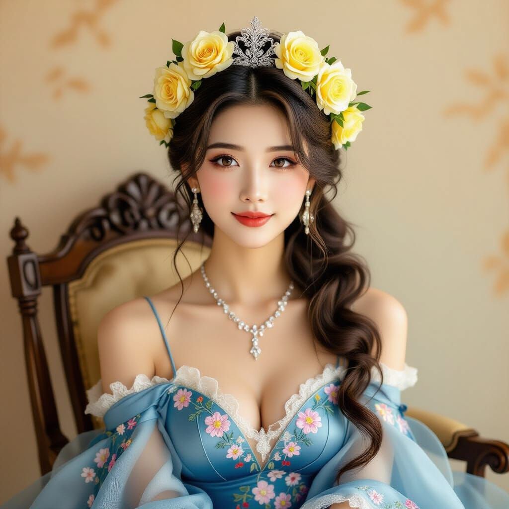 Chinese Woman with Sapphire Dress in Art Nouveau Style