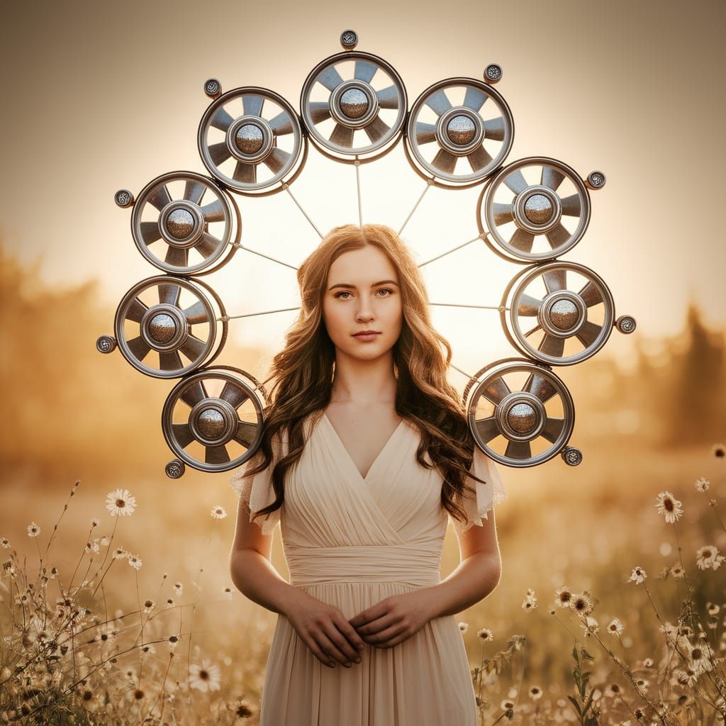Woman with Hubcap Star Halo in Golden Meadow