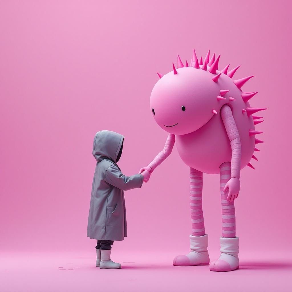 Mysterious Figure Meets Pink Creature in Sweet Candy Landsca...