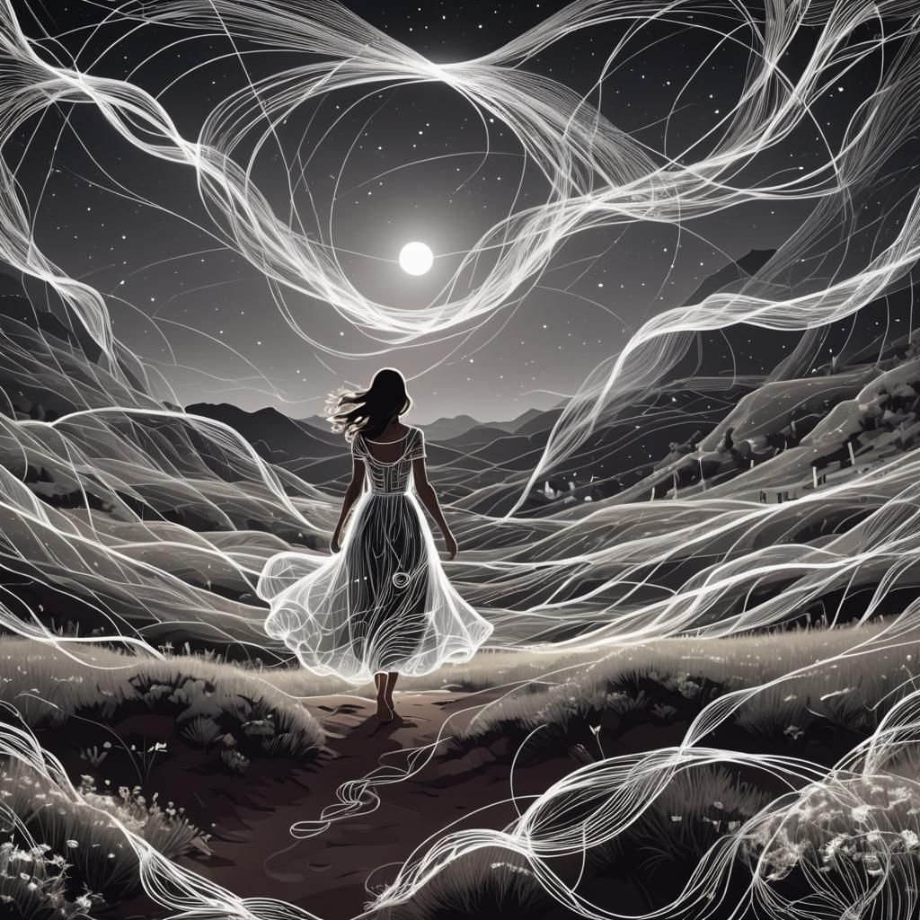 Girl Walks Through Digital Wireframe Valley at Night