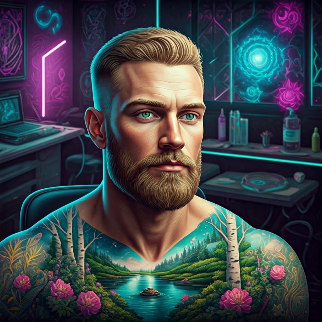 Cosmic Tattoo Scene in Vibrant Colors and Neon Lights